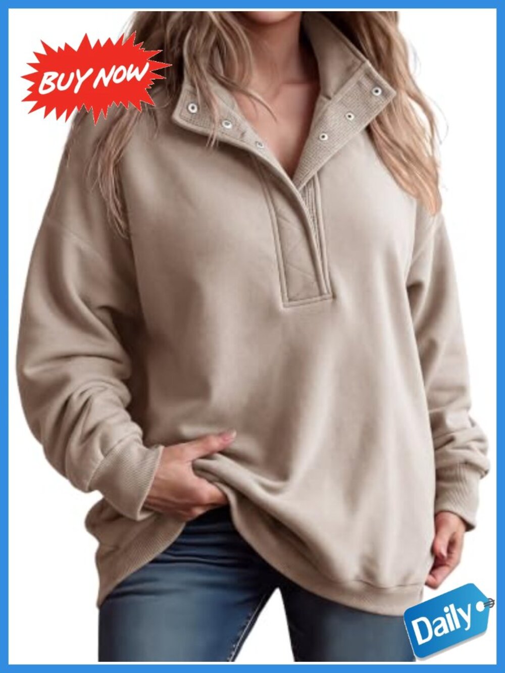 Plus Size Fleece Henley Sweatshirt Oversized Pullover Women